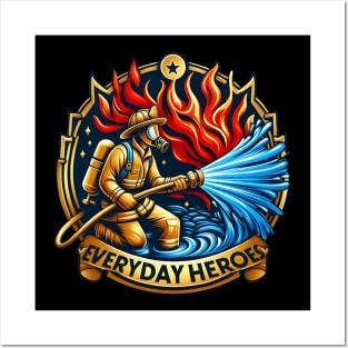 Heroic Firefighter Battling Blaze Posters and Art